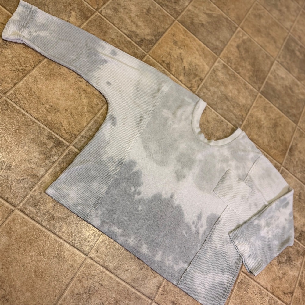 POL Womens Grey White Tie Dye Waffle Knit‎ Oversized Pocket Top FKT51 Large